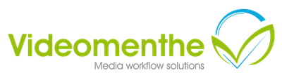 The word videomenthe in green text over the words media workflow solutions.