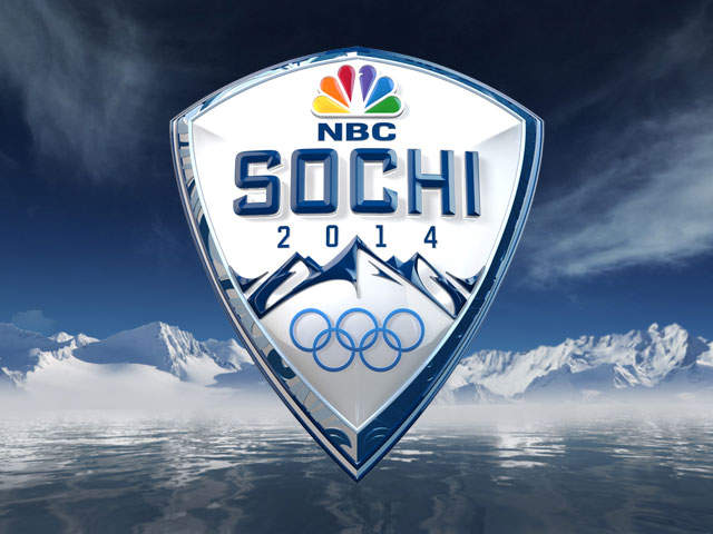 NBC Sochi 2014 Olympics symbol over sky, mountains and water.