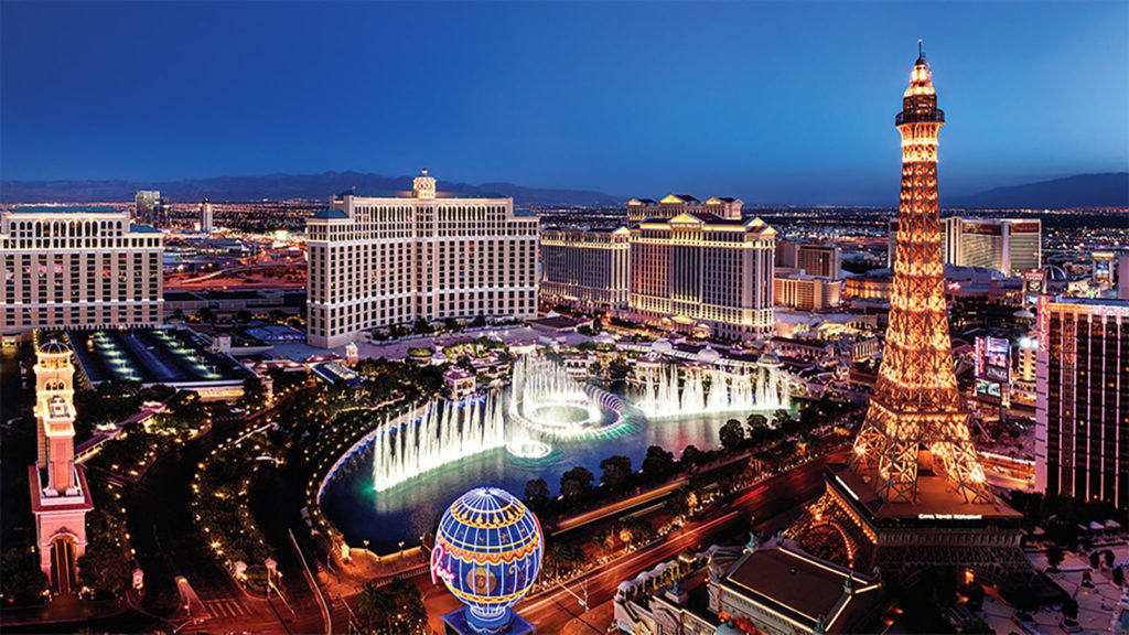 An aerial view of Las Vegas at night.