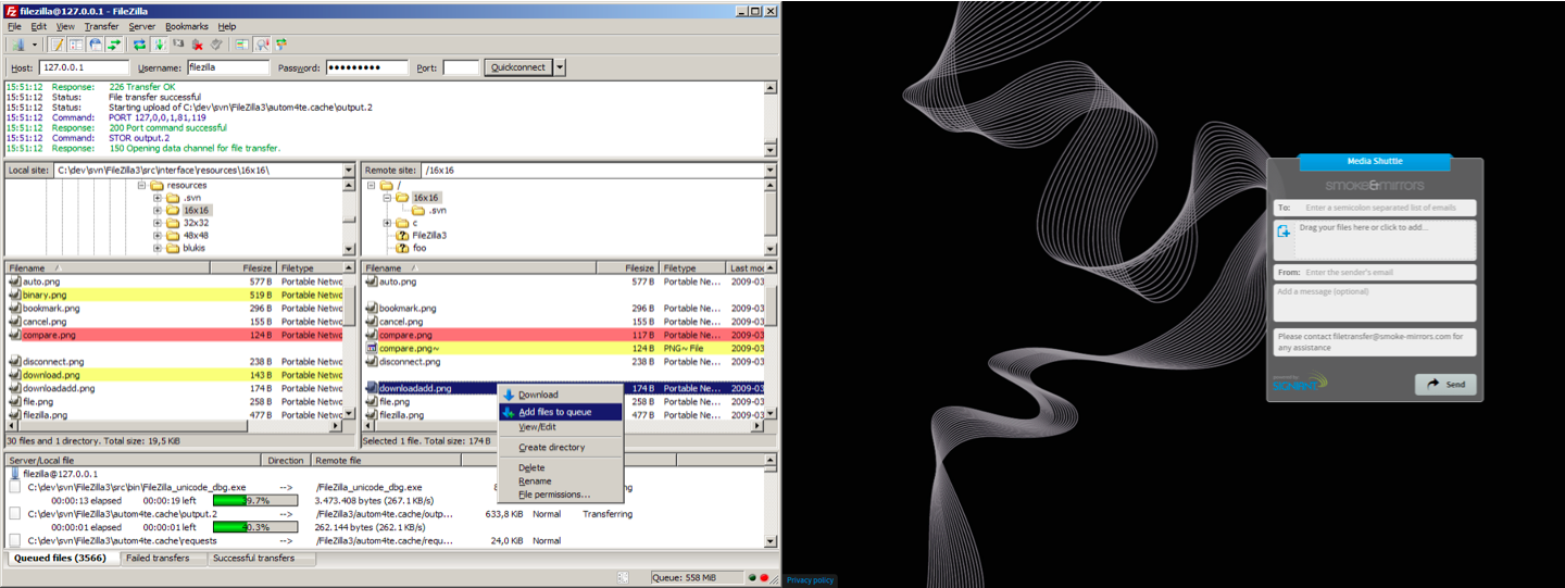A screenshot of the FileZilla program with a menu open for an image to add it to a queue.