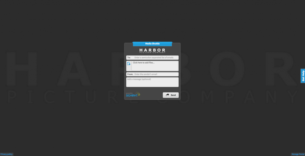 Harbor Picture Company logo in background. Signiant Media Shuttle email screen on top.