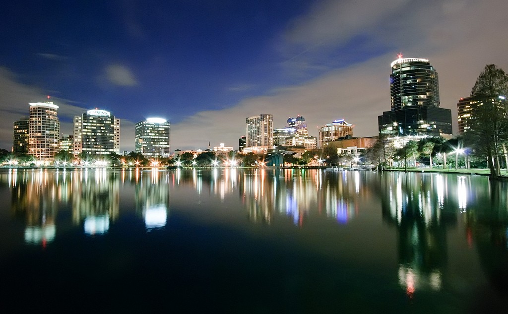 The Orlando skyline at night.