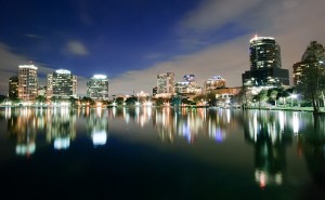 The Orlando skyline at night.
