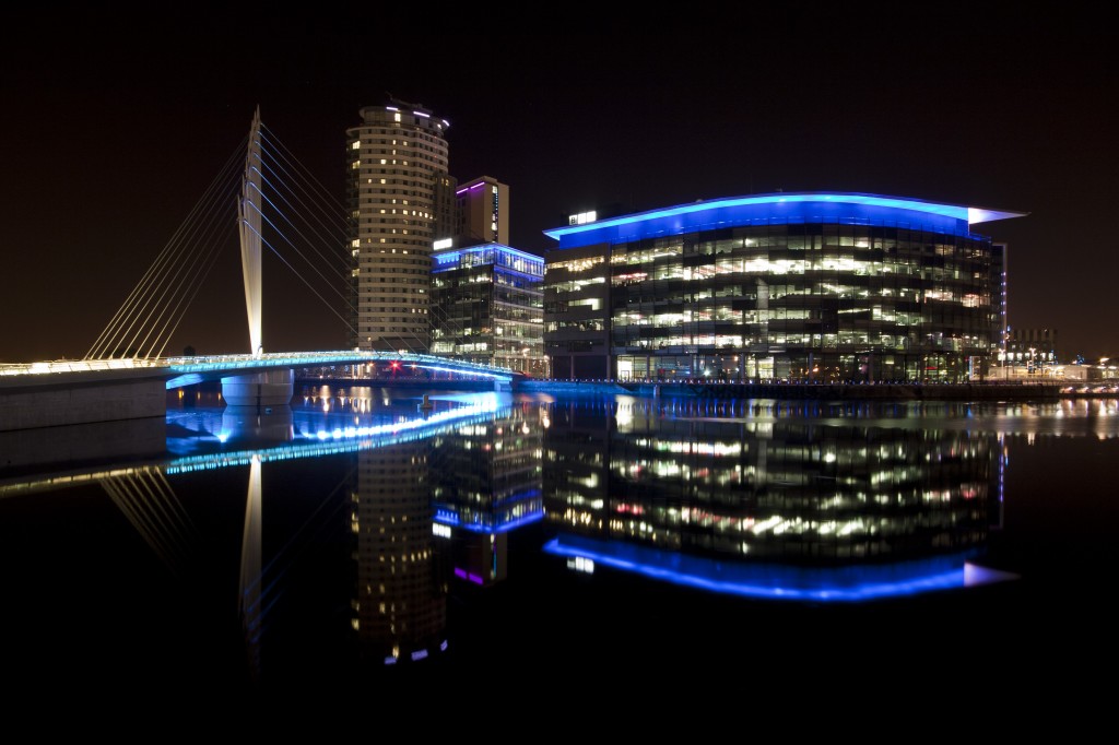 Media City, in the United Kingdom, at night.