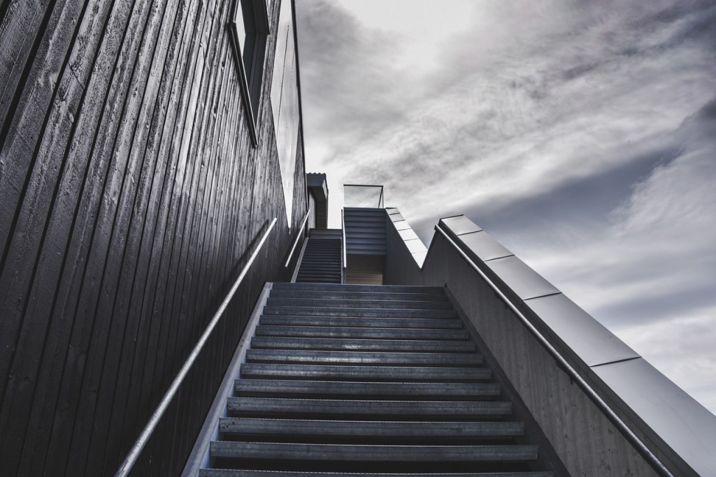 Staircases on the outside of a building.