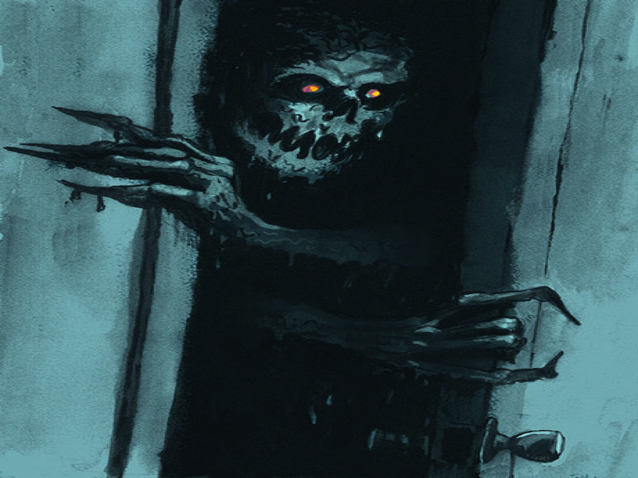 The boogeyman, a creepy humanoid with glowing eyes and claw like fingers, coming out of a closet in a dark room.