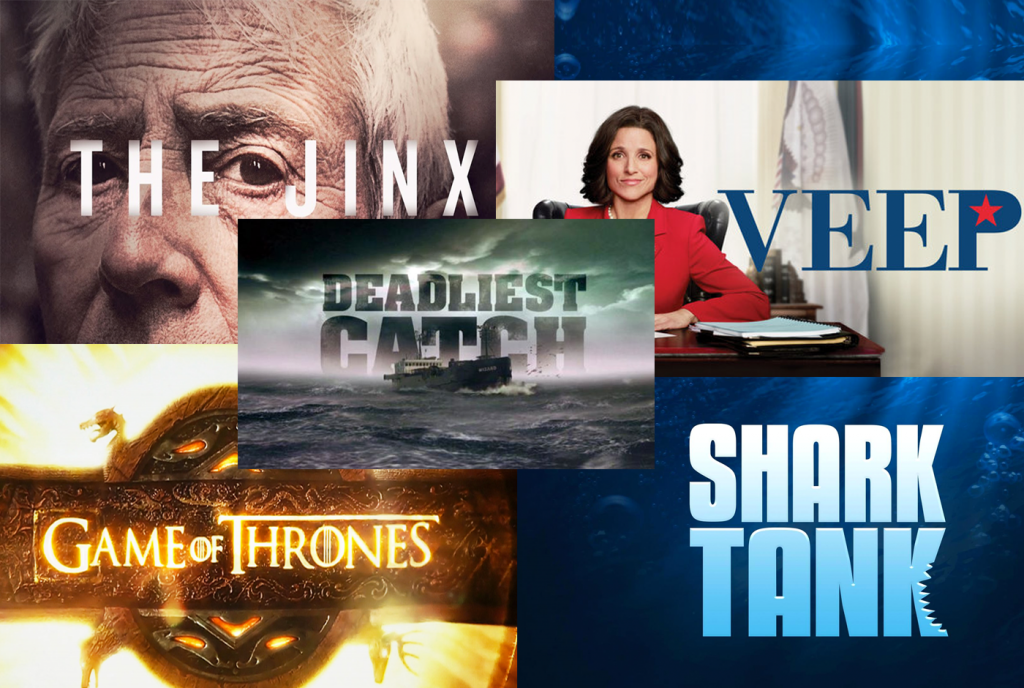 TV show on HBO that have won Emmys, including The Jinx, Veep, Deadliest Catch, Game of Thrones, and Shark Tank.