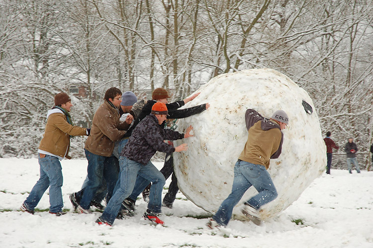 A bunch of college age men rolling an enormous snowball.