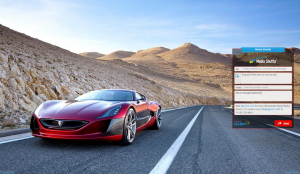 A Rimac Concept won electric car driving down an empty road with a Media Shuttle email screen superimposed on the image.