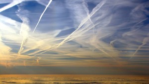 The sky with many airplane contrails crisscrossing it.