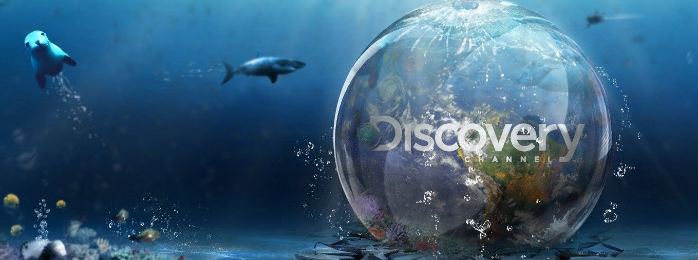 The Discovery Channel logo underwater with sharks and seals swimming around it.