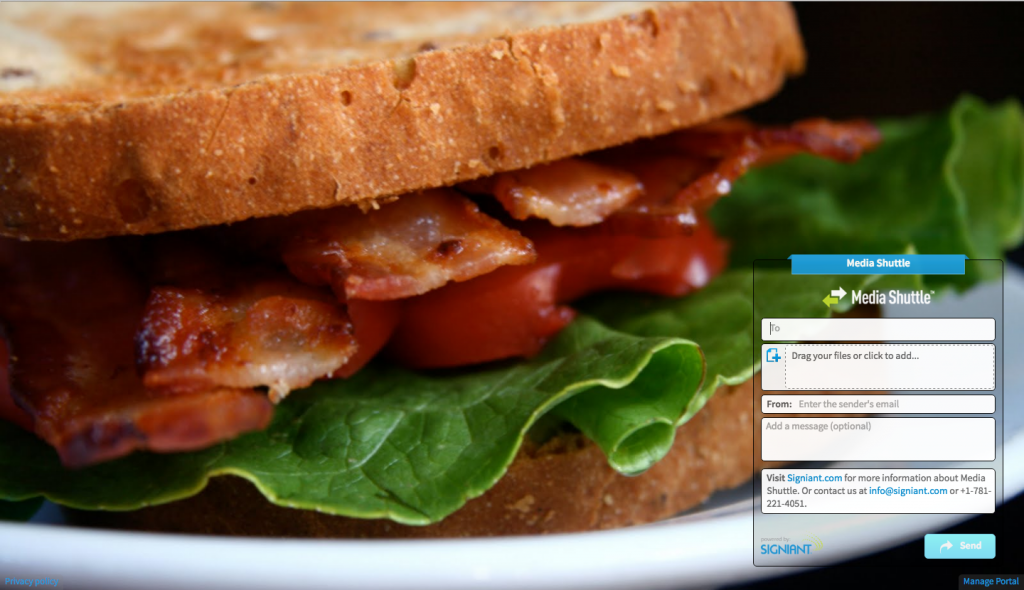 A closeup of a Bacon Lettuce and Tomato sandwich with a Media Shuttle email form superimposed over it.