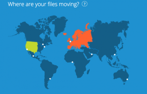 The words where are your files moving? on a map of the world with the U.S. and Europe are colored green and orange.