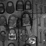 A whole bunch of old fashioned locks and keys.
