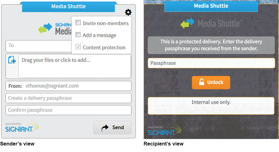 Media Shuttle Content Protection Option - sender and receipient view 