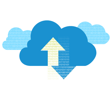 Blue clouds with binary code in them and 2 arrows, one going up and one going down.