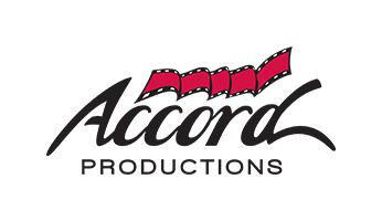 The words Accord Productions in black text with a red film strip above it.