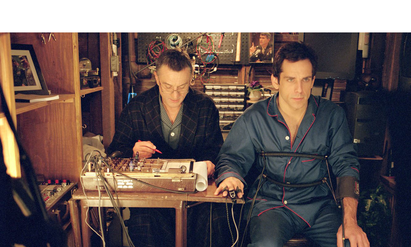 A scene from the movie Meet the Parents 2 where Robert DeNiro is giving a lie detector test to Ben Stiller.