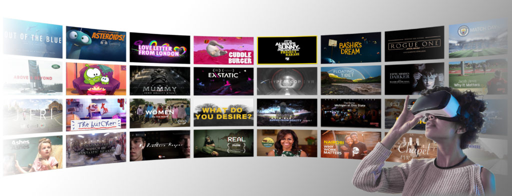 A woman using a virtual reality headset and there are several TV shows in a rows.