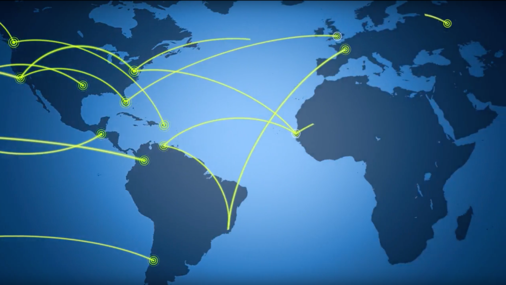 A map of the world with dots on many major cities and yellow lines connecting them.