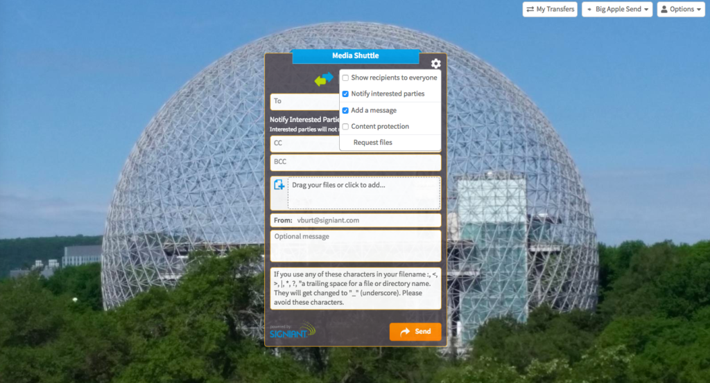 The Montreal Biosphere with a Media Shuttle menu over it.