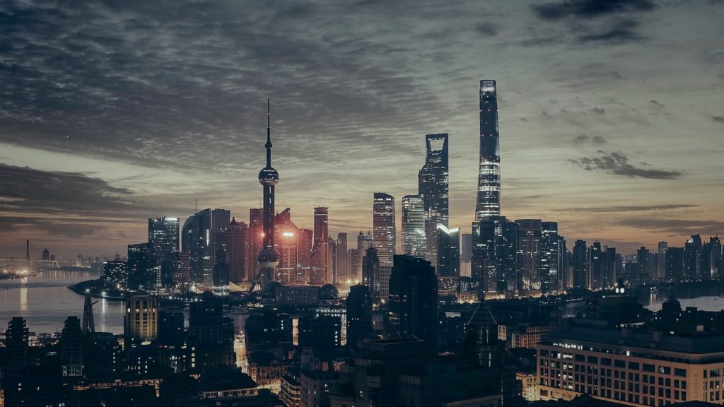 Downtown Shanghai, China at dusk.