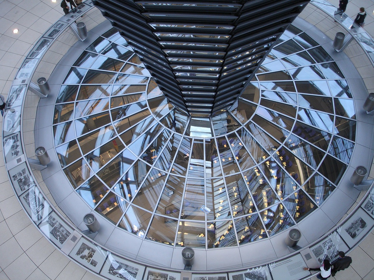 The Reichstag dome which is a glass dome constructed on top of the rebuilt Reichstag building in Berlin, Germany.