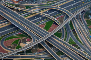 2 highways coming together with interchanges.