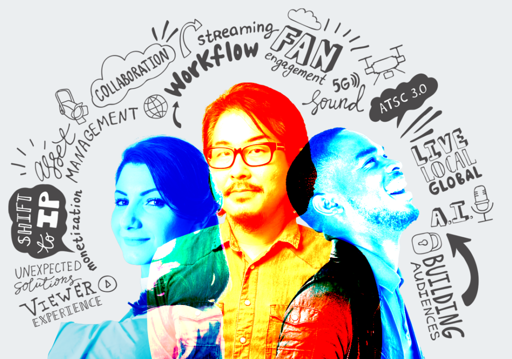 1 person tinted with orange, 2 people tinted with blue, surrounded by words like viewer experience and unexpected solutions.