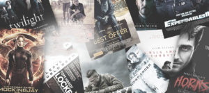 A bunch of movie posters places haphazardly, including Hunger Games, Twilight, The Rover, The Best Offer, John Wick and more.