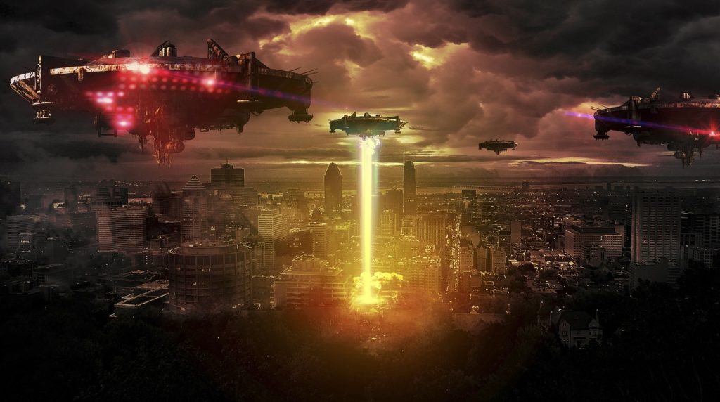 A large city at night with 4 spaceships hovering over it and one of them is destroying the buildings below it with a laser.