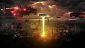 A large city at night with 4 spaceships hovering over it and one of them is destroying the buildings below it with a laser.