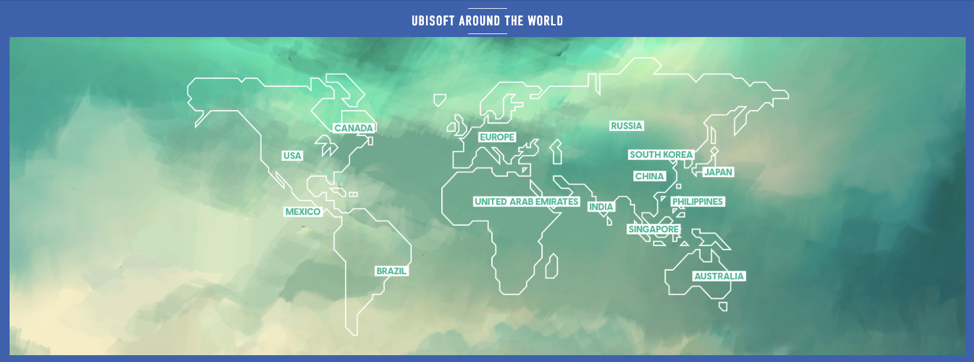 Map showing Ubisoft's global video game development.