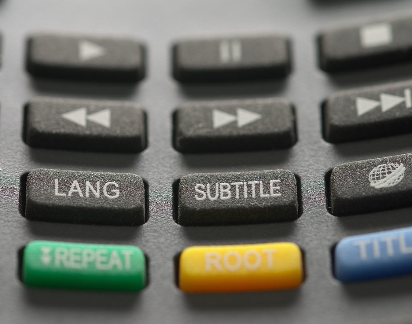 A closeup of a remote, showing the language and subtitle buttons.