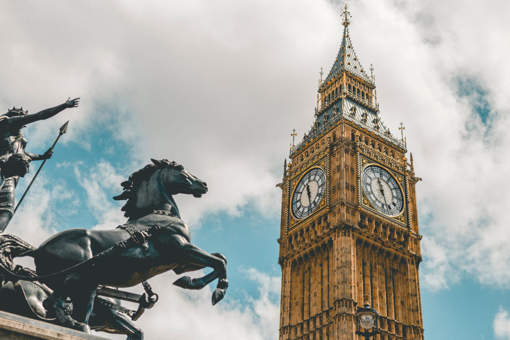 Big Ben in London and the sculpture Boadicea and Her Daughters, which is of women in a chariot with 2 horse rearing up.