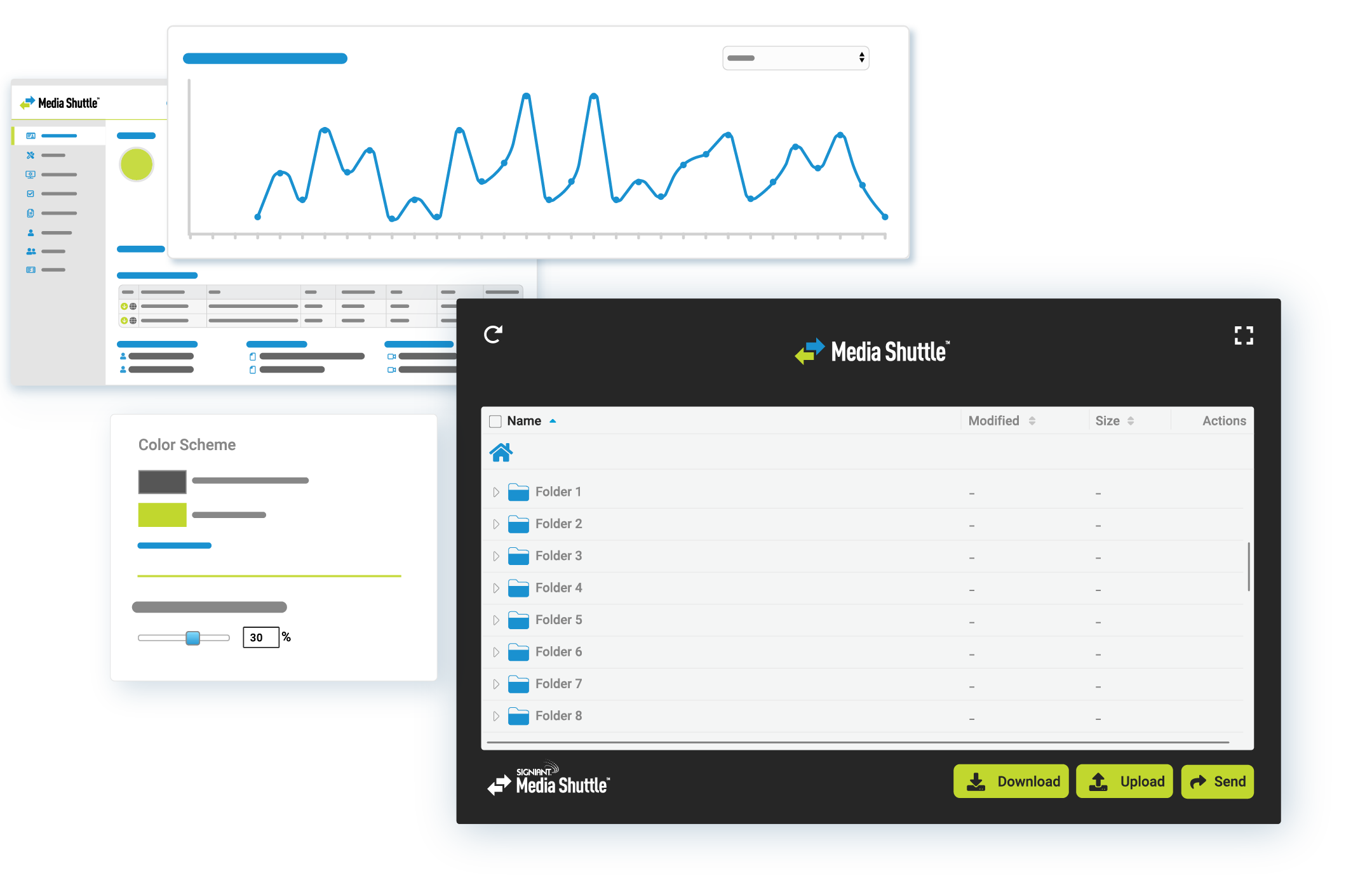 4 screens overlapping: a line graph, folders in Media Shuttle, a color scheme selector, and a Media Shuttle dashboard.