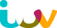The ITV logo which is the letters I T and V written in cursive, the i is blue, the t is white and green, and the v is orange.