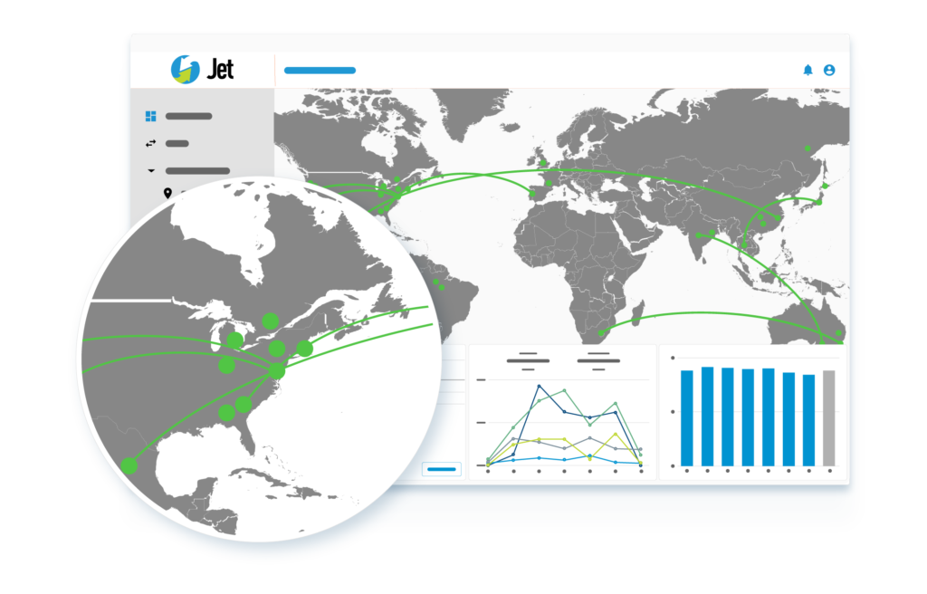 A Jet dashboard with a map of the world with green dots on major cities and lines connecting them, and other graphs.