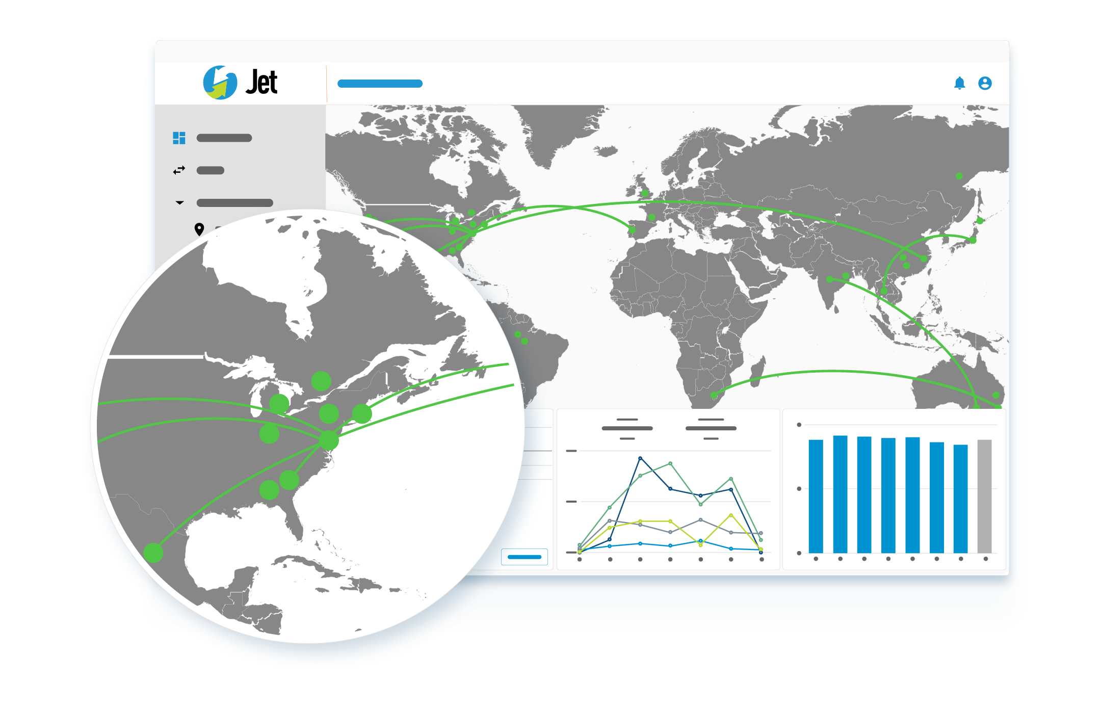 A Jet dashboard with a map of the world with green dots on major cities and lines connecting them, and other graphs.