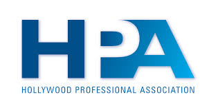 The letters H P A in blue and white text, above the words Hollywood professional association in blue text.
