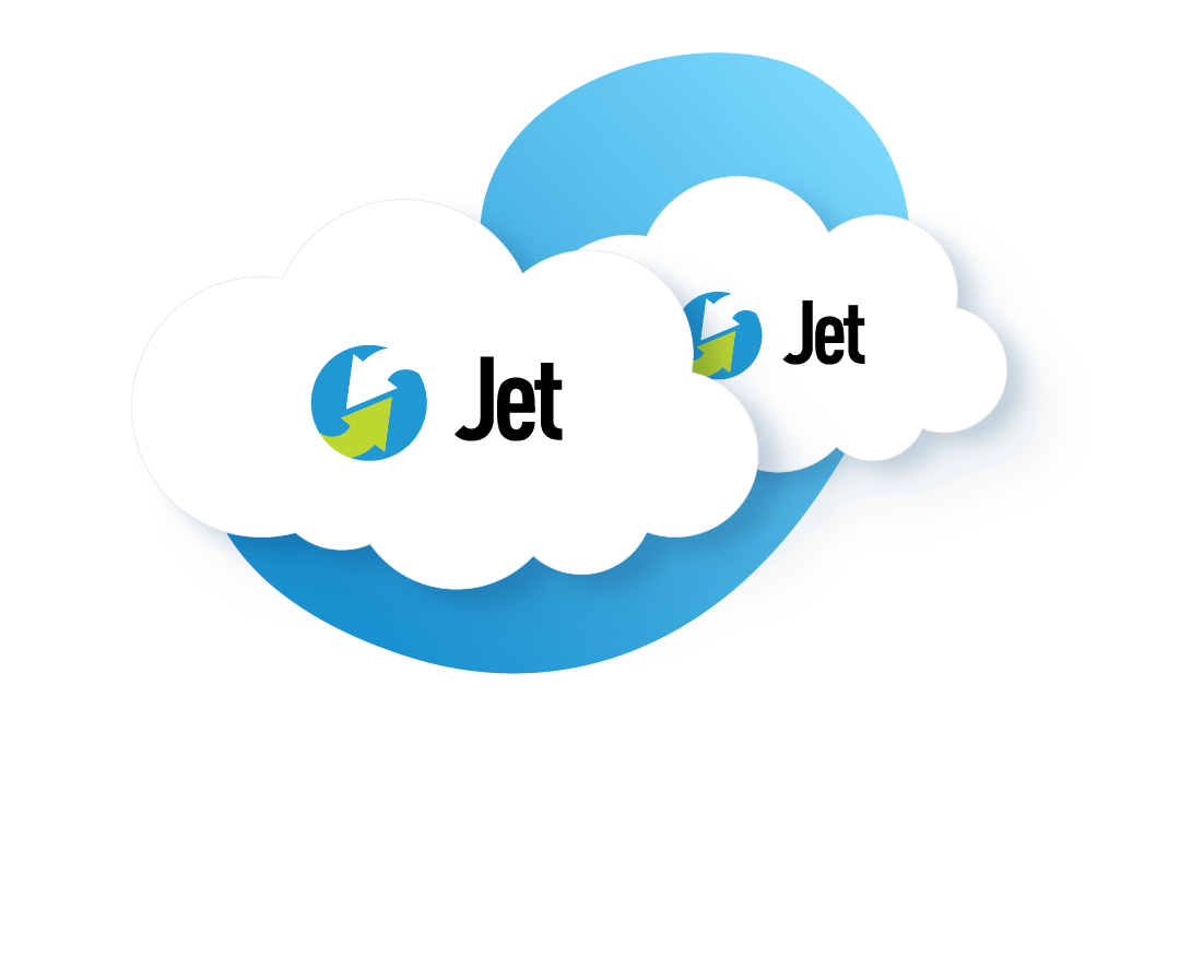 2 white clouds on a blue background, each says Jet in black text and a blue circle with a white and a green arrow in them.