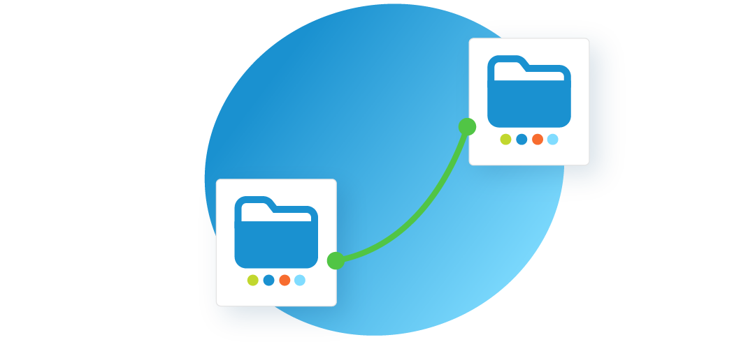 File folders on opposite sides of a blue oval, with a green line connecting the folders.