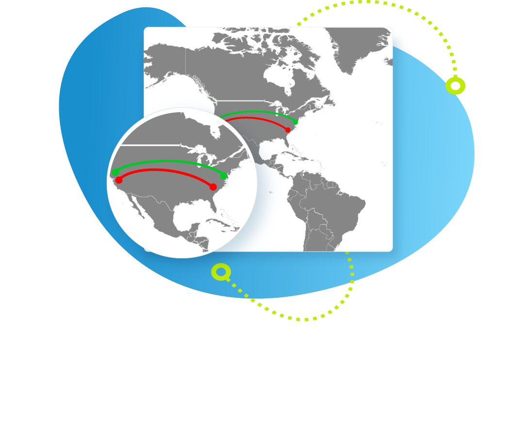 A square map of North and South America with a circular map of North America Overlapping it.