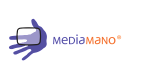 The word media in purple text and the word mano in orange text with a purple hand and a screen over it.