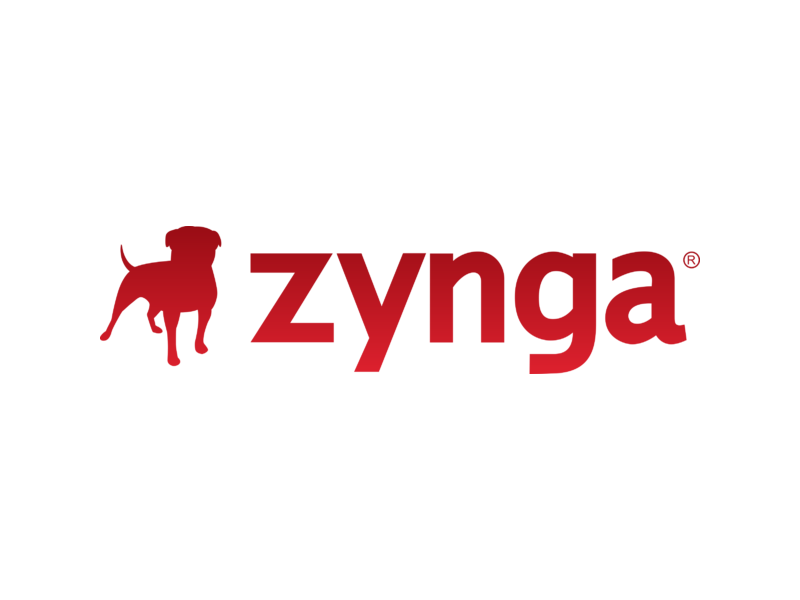 The word Zynga in red text next to an all red dog.