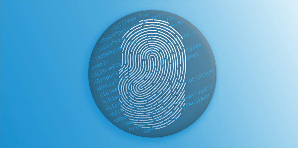 A thumb print on a circle filled with code.