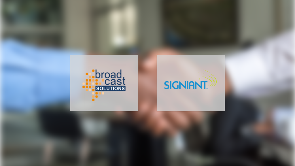 The Signiant logo and the broadcast solutions logo over a picture of people shaking hands.