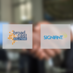 The Signiant logo and the broadcast solutions logo over a picture of people shaking hands.