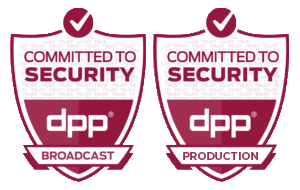 dpp-badges A red shield with a check mark at the top, and the words committed to security DPP productions, next to a similar one.