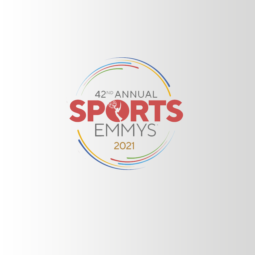 The words 42nd annual sports Emmys 2021 with various colors encircling the words.